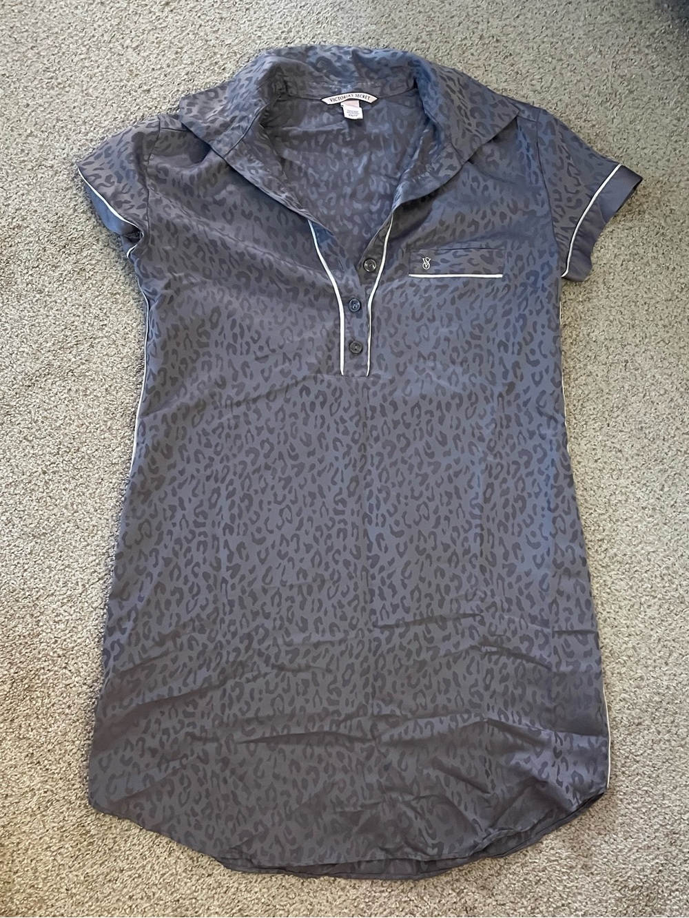 Victoria’s Secret button up night shirt mini dress gray leopard cheetah satin XS